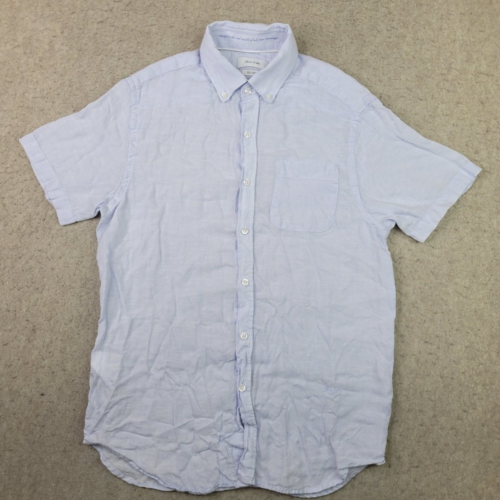 Porter and Ash Linen Shirt Mens Small Light Blue Short Sleeve Button Down Beach